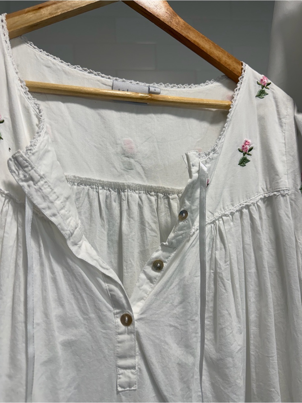 White Peasant nightgown with Pink Rose Embroidery